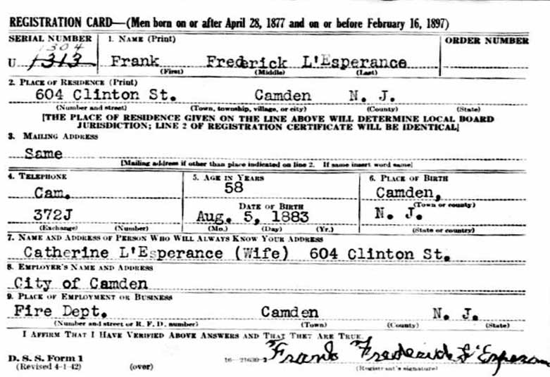 Frank F. L'Esperance World War II Draft Card