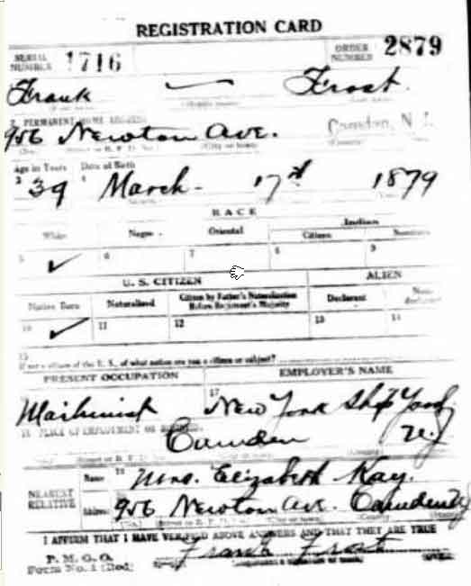 World War I Draft Card for Frank Frost, front