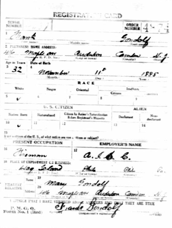 Frank Gondolf World War I Draft Registration Card, front