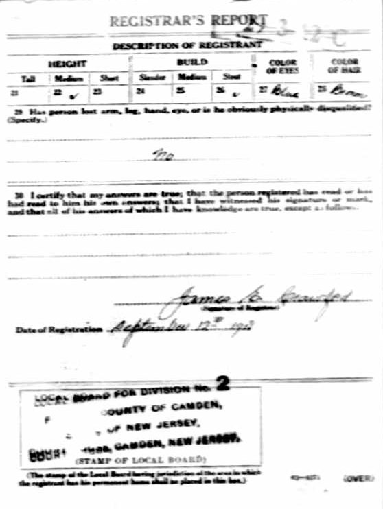 Frank Gondolf World War I Draft Registration Card, back