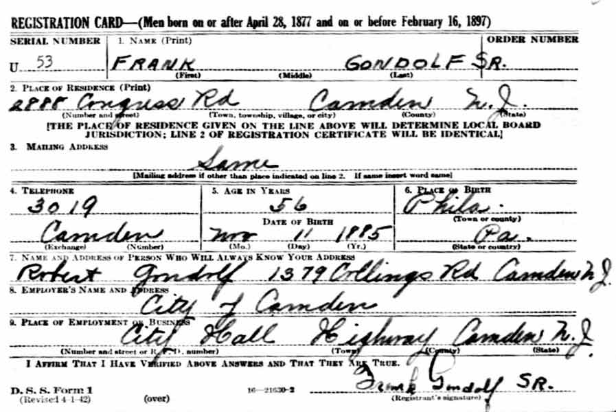 Frank Gondolf Sr. World War II Draft Registration Card