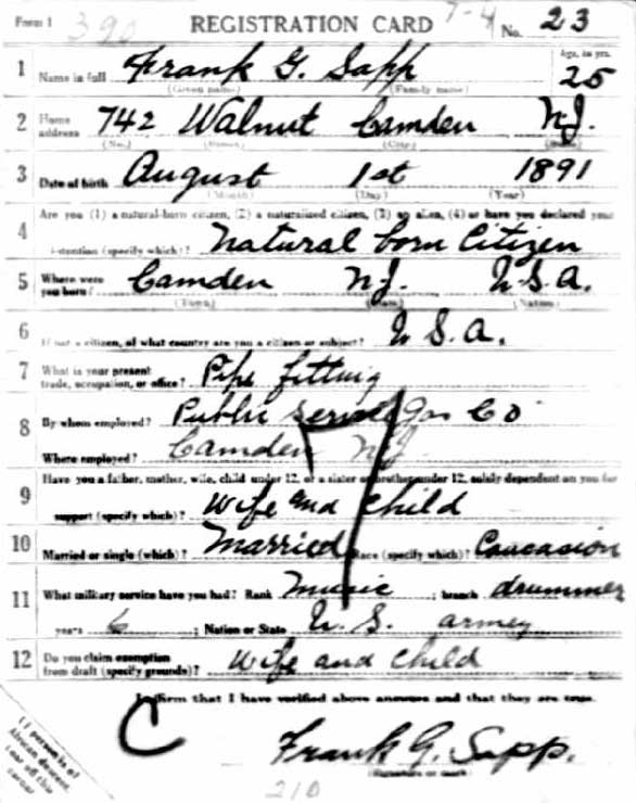Frank G. Sapp World War I Draft Card