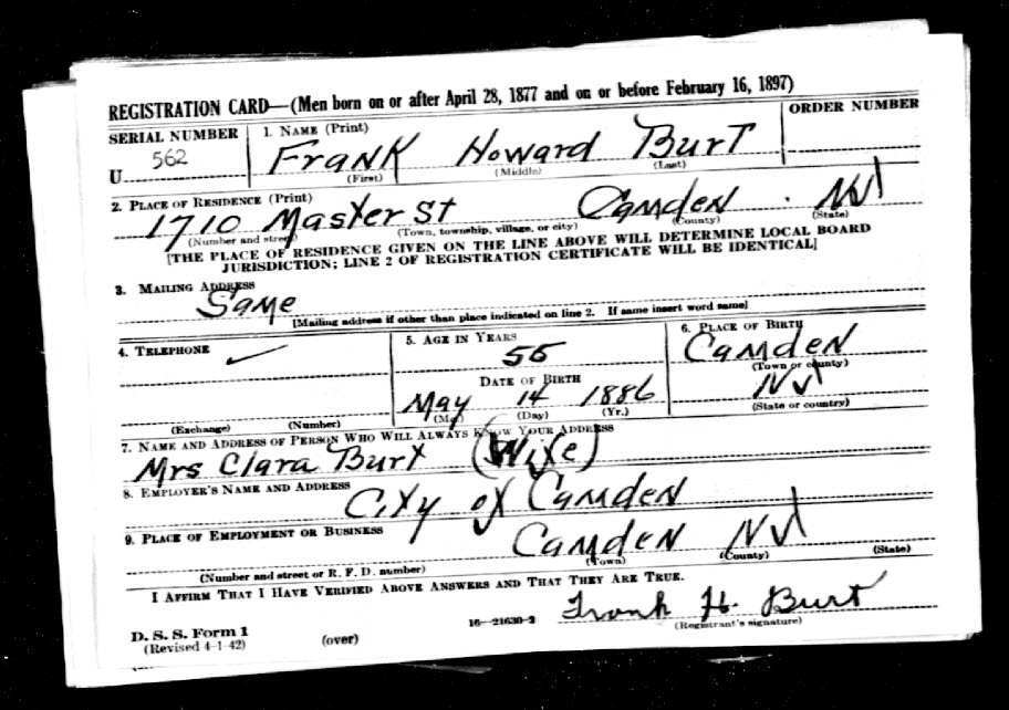 Frank H. Burt Jr. World War II draft card