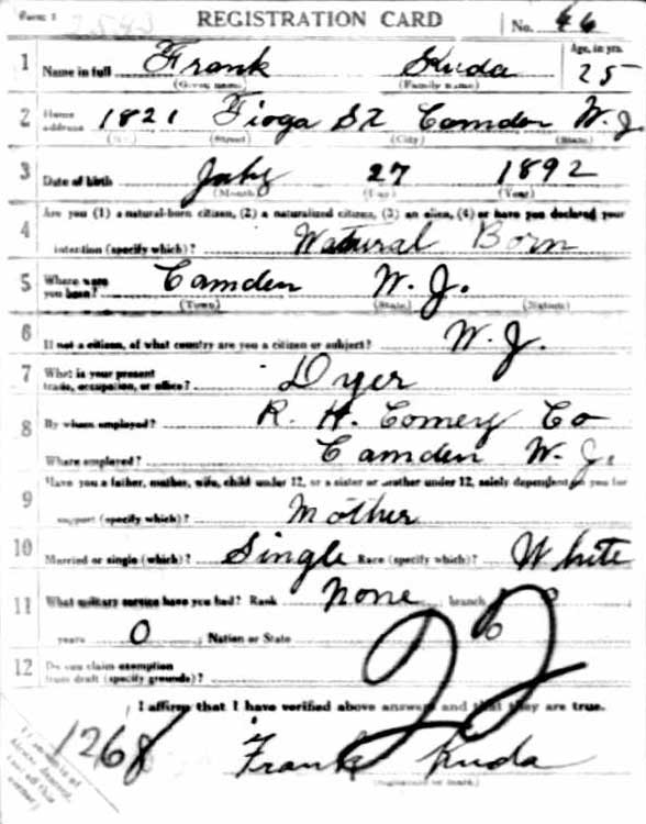 Frank Kuda World War I Draft Registration Card, front