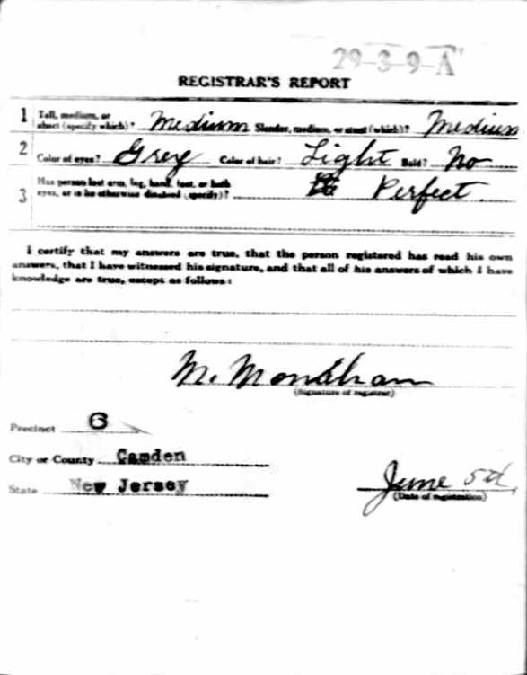 Frank Kuda World War I Draft Registration Card, back
