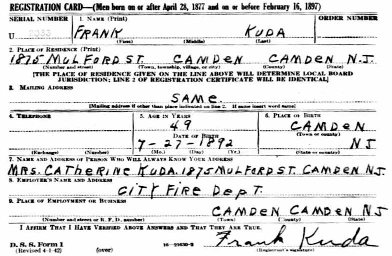 Frank Kuda World War II Draft Registration Card