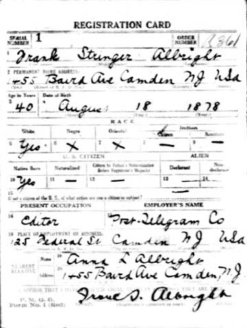 Frank S. Albright WWI Draft Registration Card, front