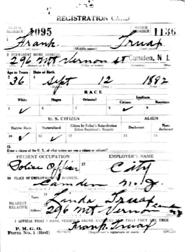 Frank Truax World War I draft registration card, side 1