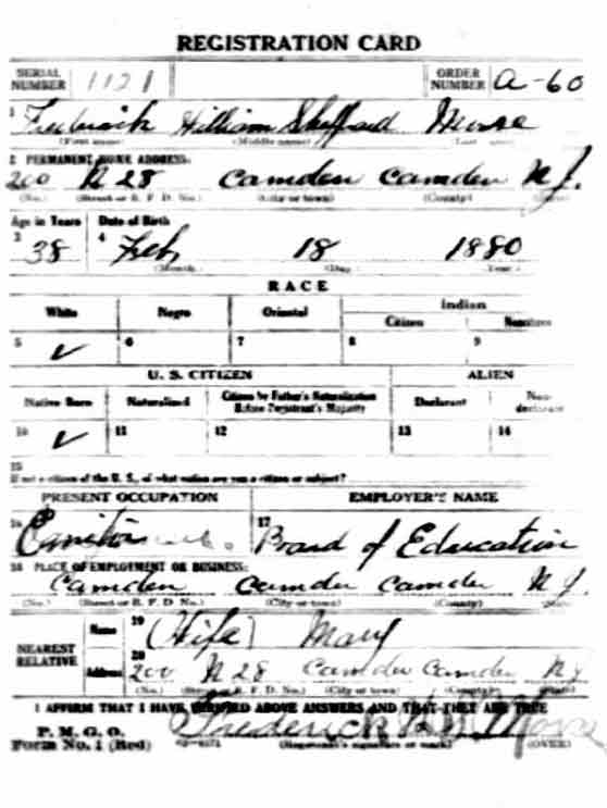 Frederick W.S. Morse World War I draft card, side 1