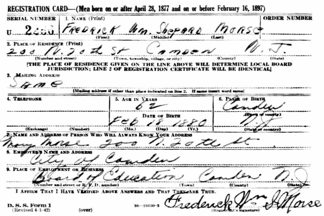 Frederick W.S. Morse World War II draft card