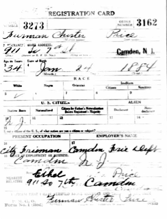 Furman C. Price — World War I Draft Registration Card, front