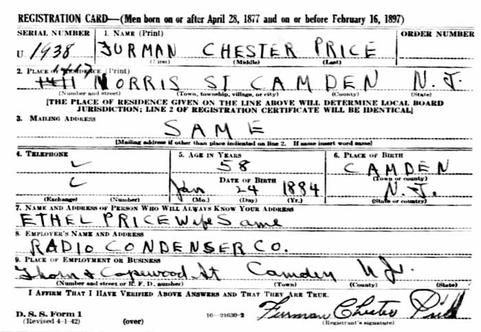 Furman C. Price — World War II Draft Registration Card