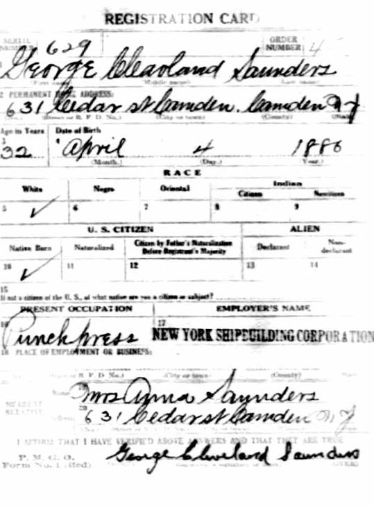 World War I Draft Registration Card, George C. Saunders, front