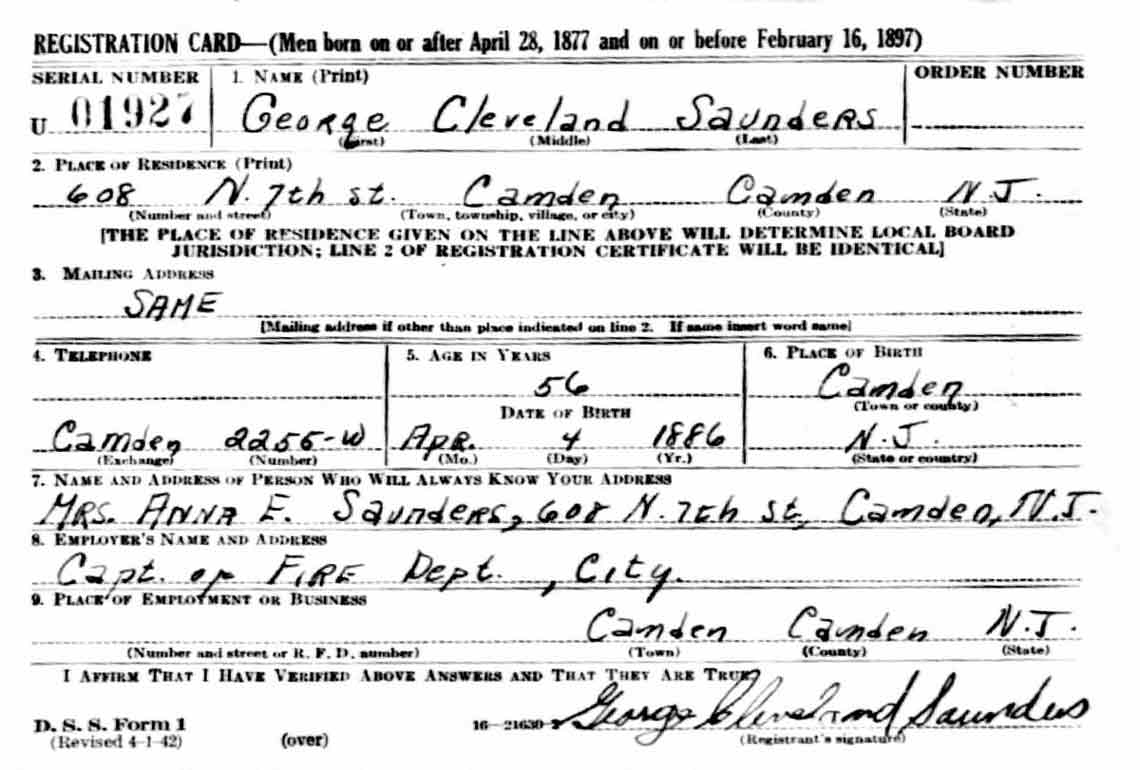 World War II Draft Registration Card, George C. Saunders