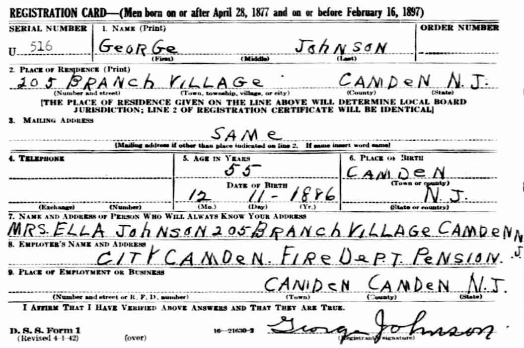 World War II Draft Card for George Henry Johnson Jr.