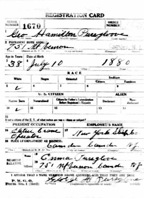 George H. Pursglove World War I Draft Registration Card, front
