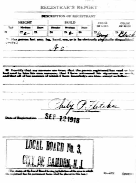 George H. Pursglove World War I Draft Registration Card, back