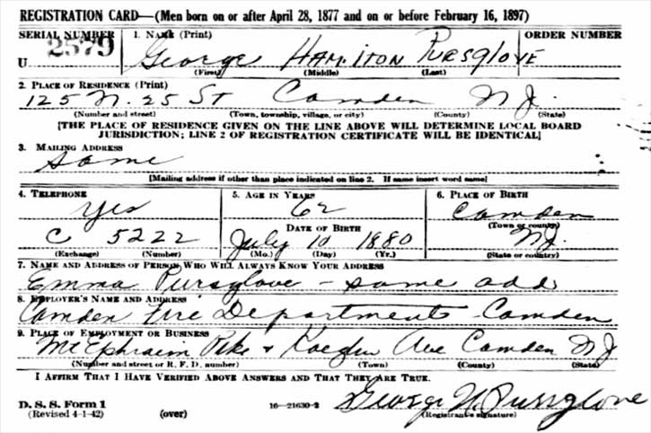 George H. Pursglove World War II Draft Registration Card, 1942