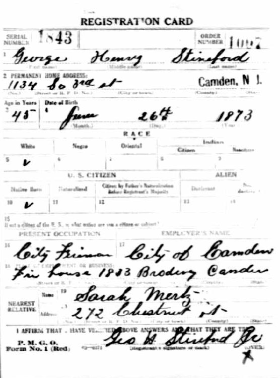 World War I Draft Card, front