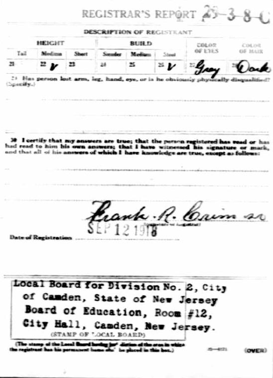 World War I Draft Card, back