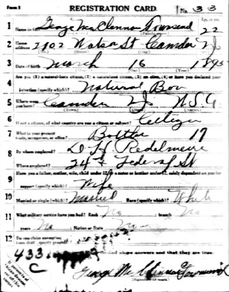 World War I Draft Registration Card — George McClenon Townsend, front