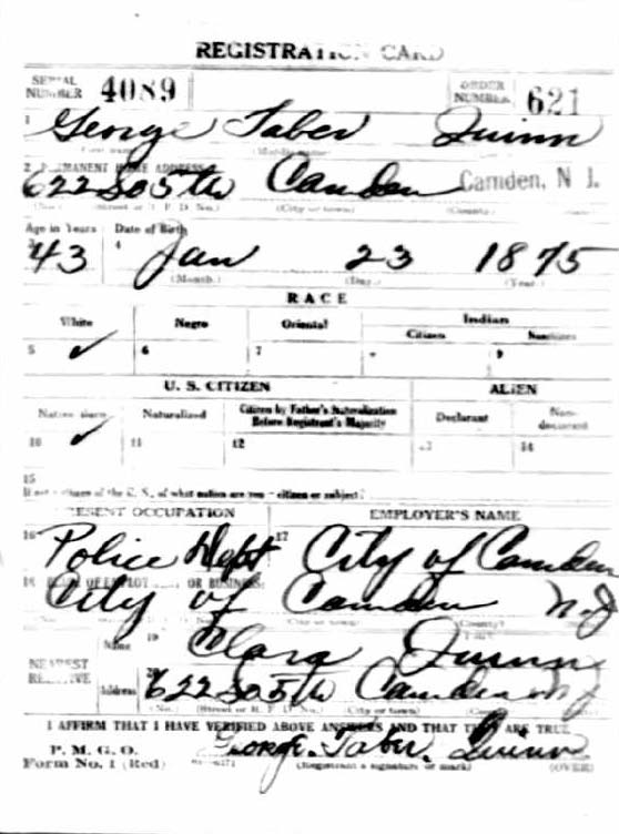 George Tabor Quinn World War I Draft Card — front