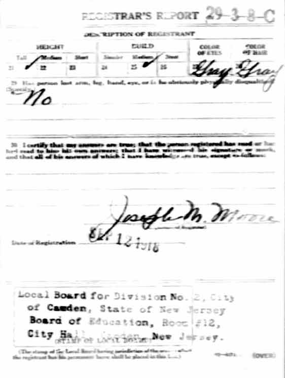 George Tabor Quinn World War I Draft Card — back