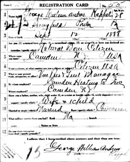 George W.A. Kappel World War I draft card — front