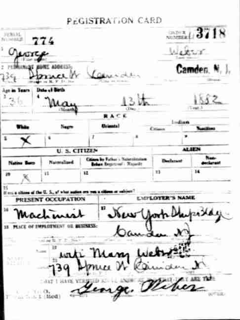 World War I draft registration card for George Weber, front