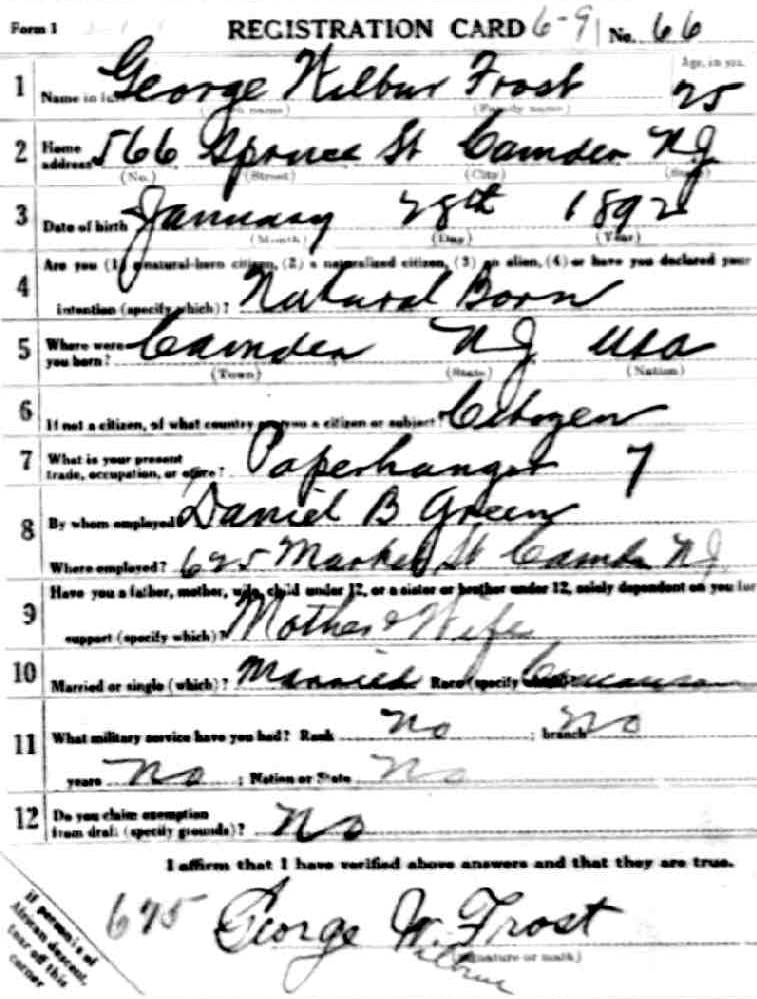 George W. Frost World War I draft card, front