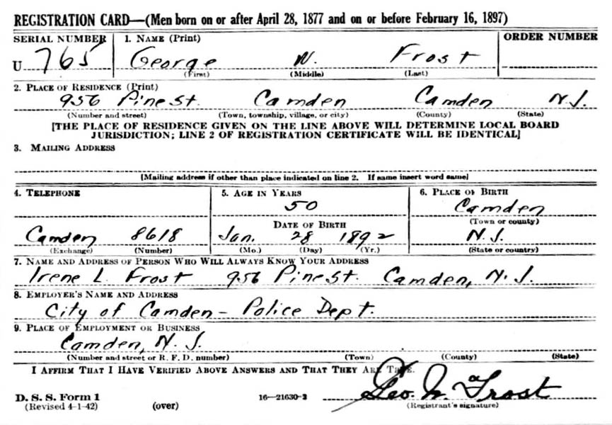 George W. Frost World War II draft card