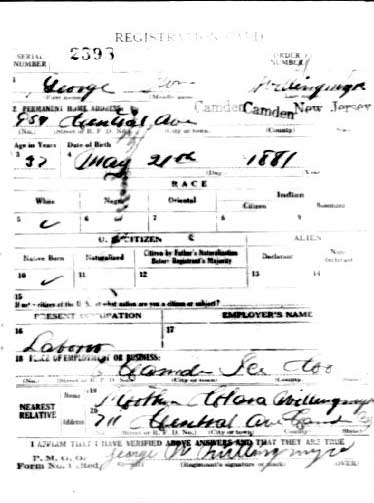 World War I Draft Card, front