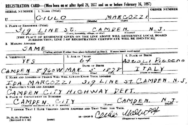 Guilio Marcozzi World War II Draft Card