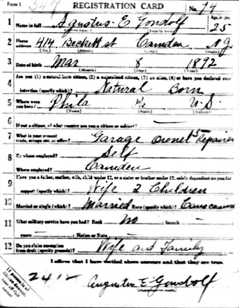 Gus Gondolf Sr. World War I Draft Card — front