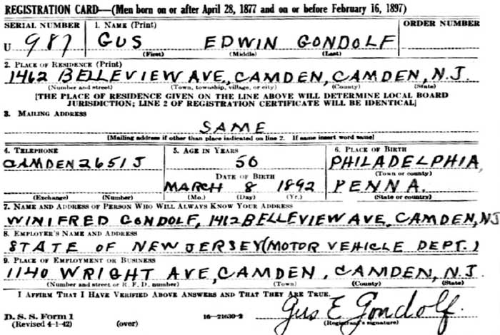 Gus Gondolf Sr. World War II Draft Card