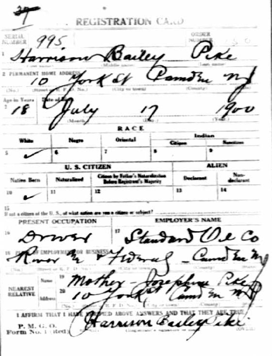 WWI Draft Registration Card for Harrison Bailey Pike, front