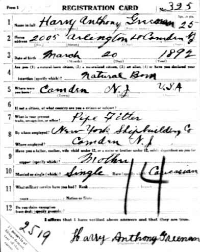 Harry A. Greenan World War I draft registration card, front