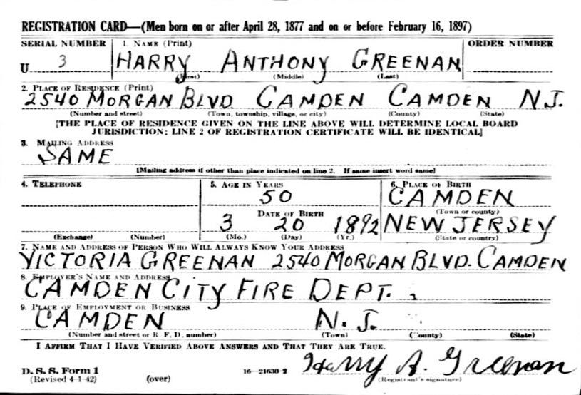 Harry A. Greenan World War II draft registration card