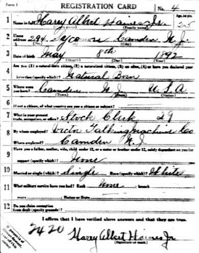 World War I Draft Registration Card — Harry Albert Haines Jr.