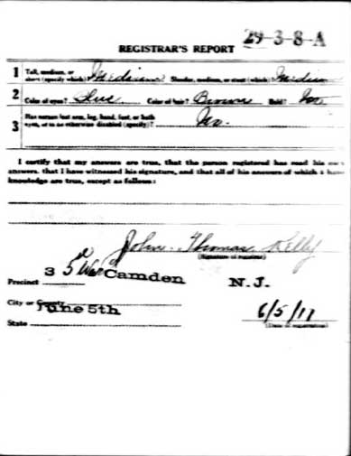 World War I Draft Registration Card — Registrar's Report
