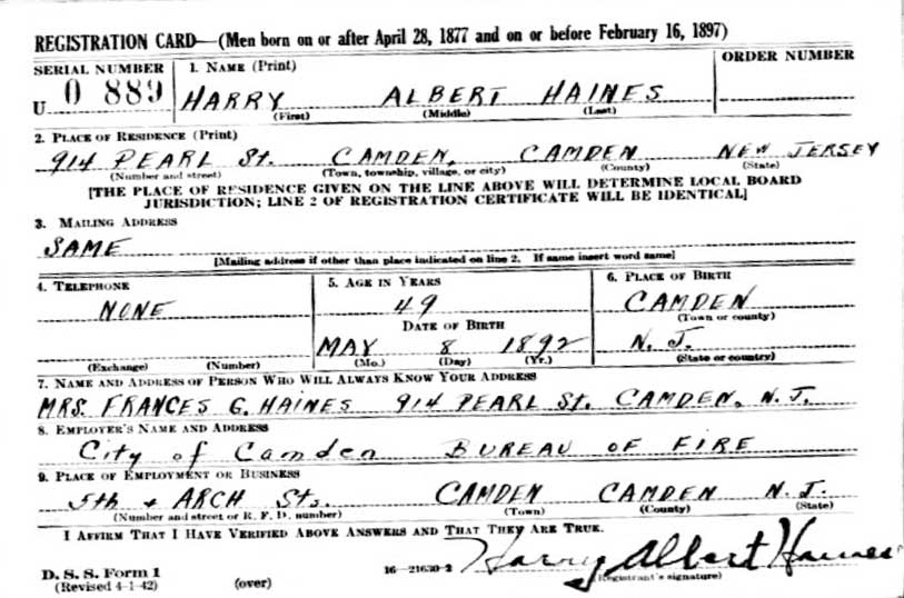 World War II Draft Registration Card — Harry Albert Haines