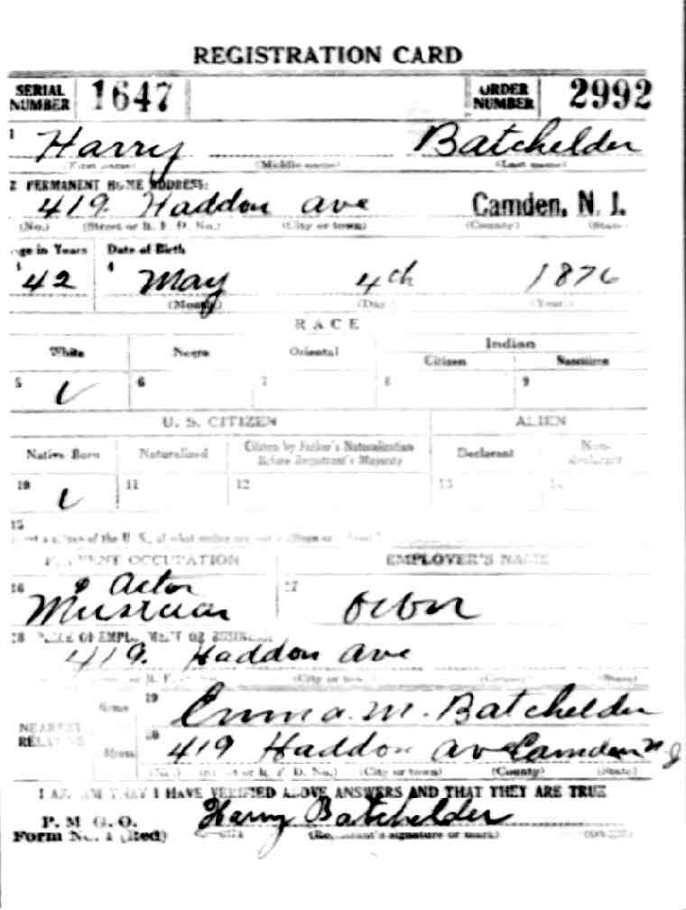 World War I Draft Registration Card for Harry Batchelder, front