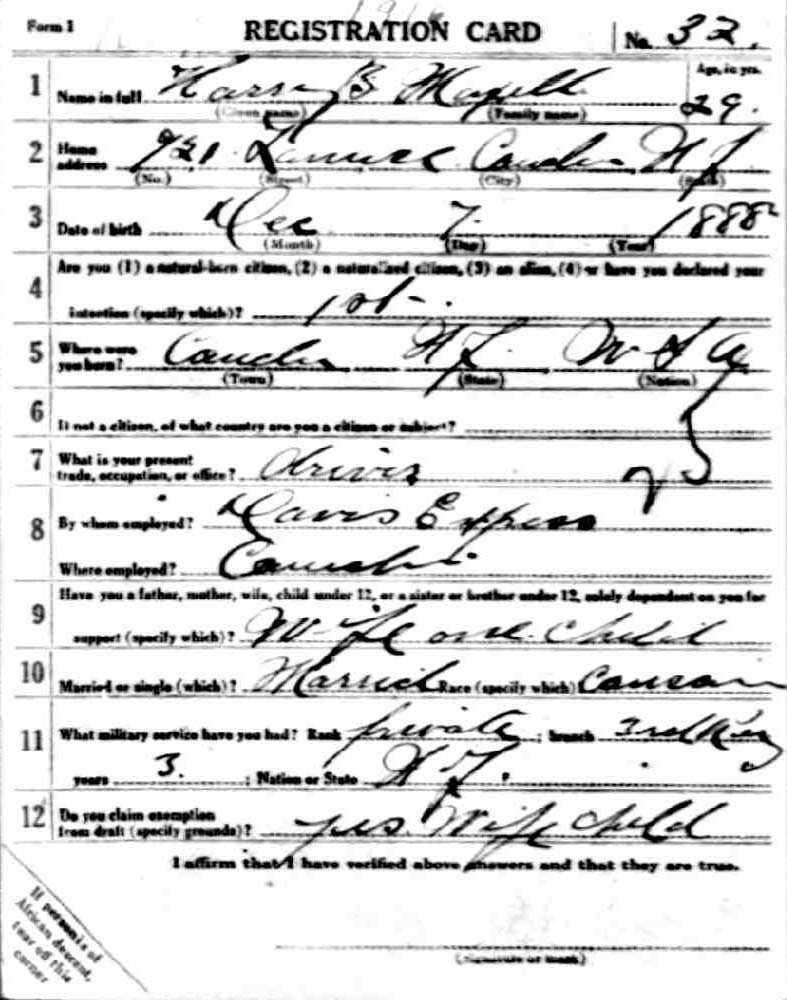 World War I Draft Registration Card for Harry B. Maxwell, front