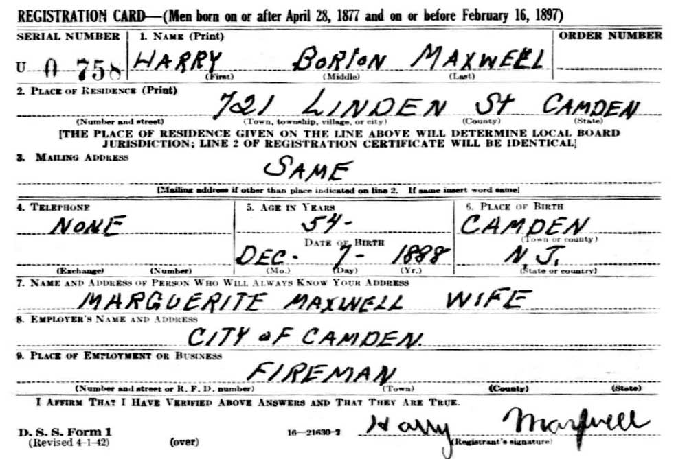 World War II Draft Registration Card for Harry B. Maxwell, front