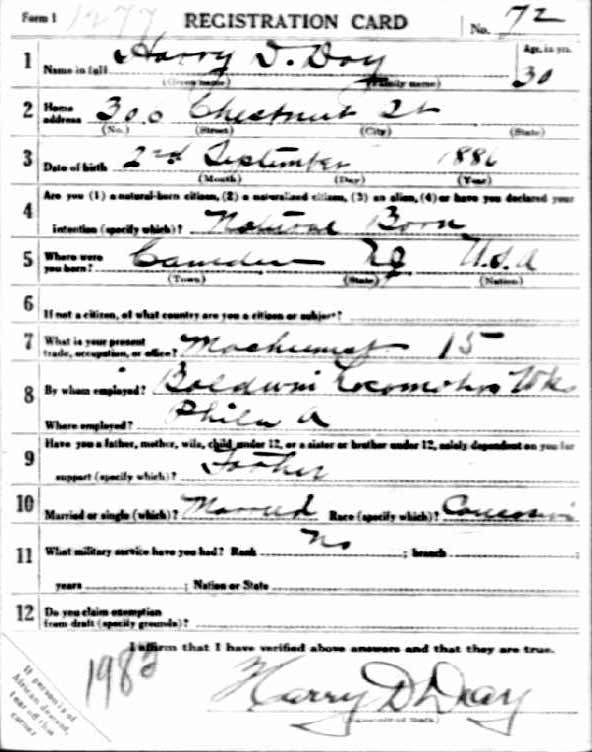 World War I Draft Registration Card for Harry D. Day, front