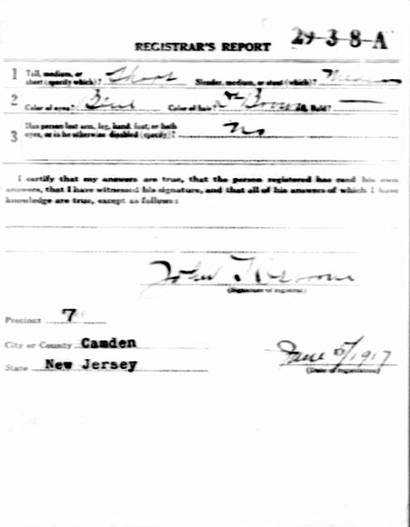 World War I Draft Registration Card for Harry D. Day, Registrar's Report