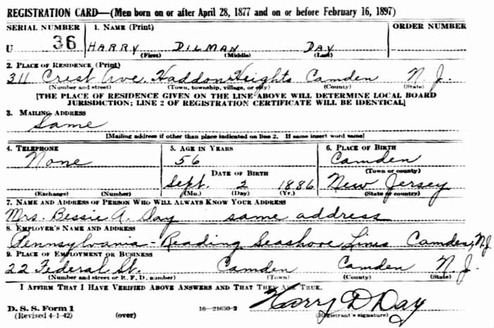 World War II Draft Registration Card for Harry Dilman Day