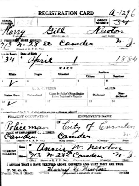 Harry Gill Newton World War I Draft Registration Card, front