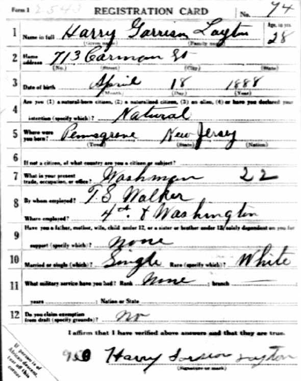 Harry G. Layton World War I draft registration card