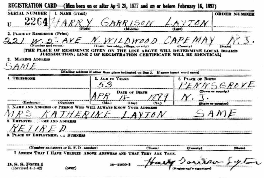 Harry G. Layton World War II draft registration card